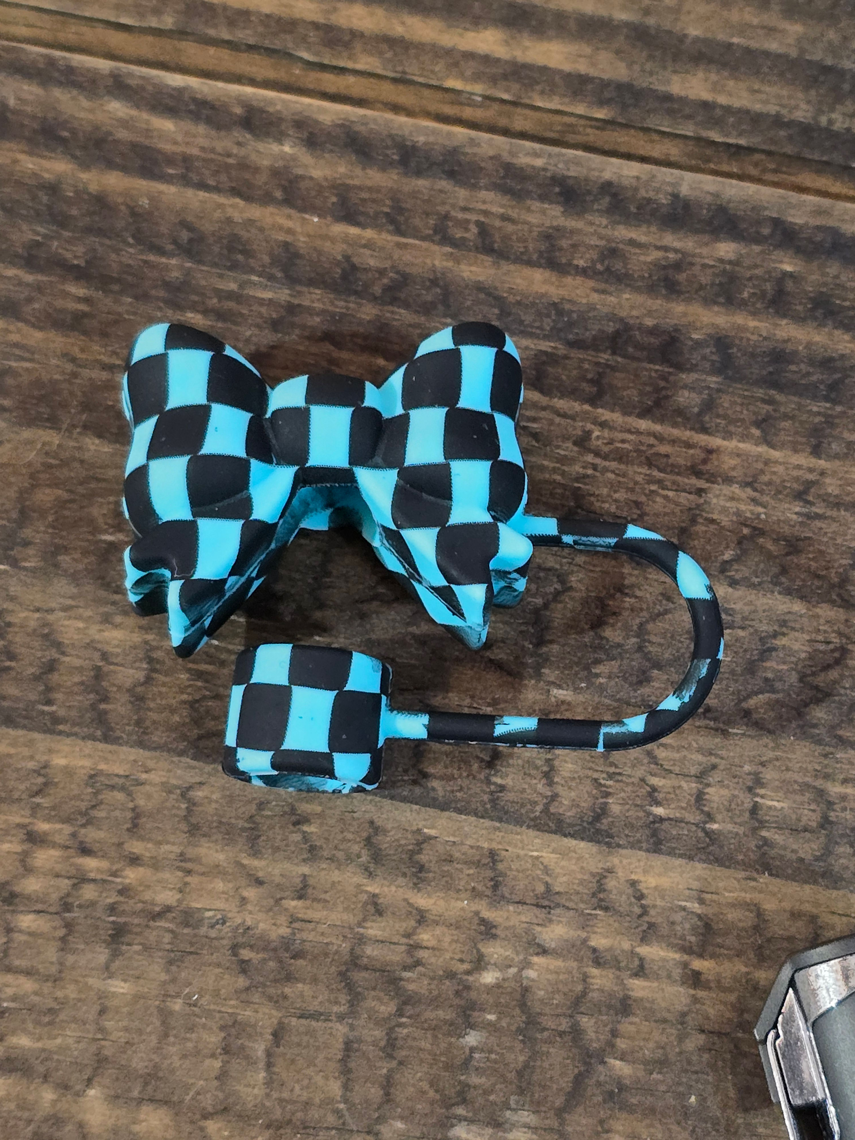Blue checker bow strawtopper 
