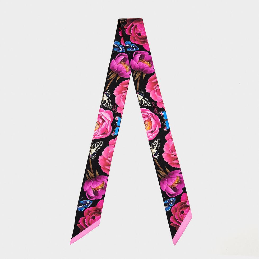 Thumbnail: Silk twilly scarf Peonies black 124x7 cm