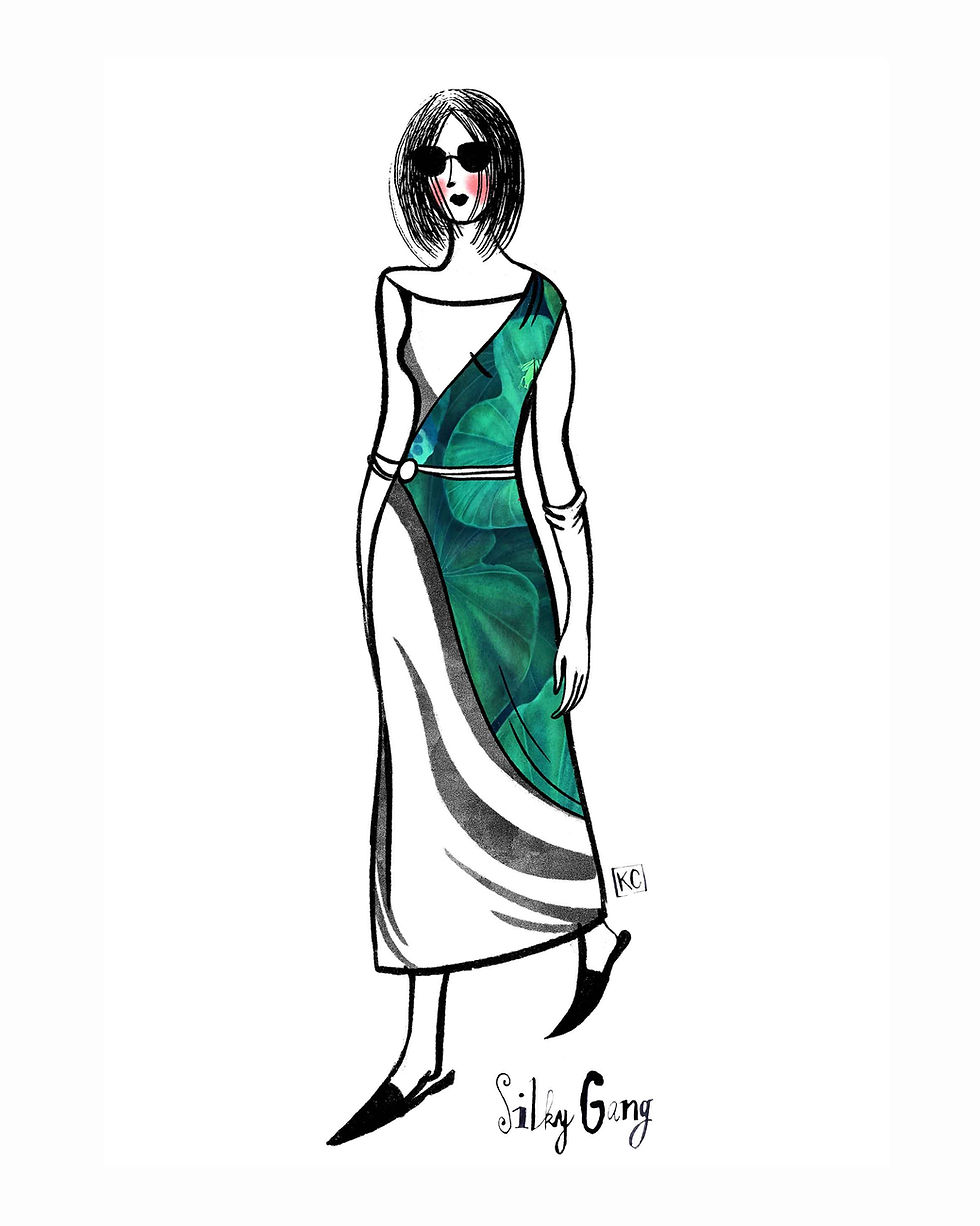 Thumbnail: fashion ilustrace s hedvábným zeleným šátkem Lotosy listy