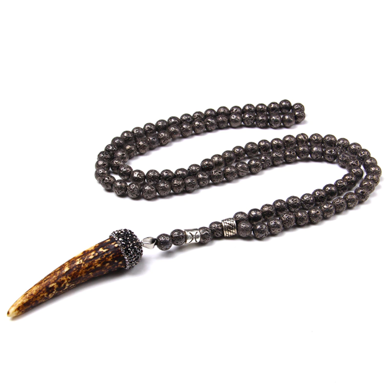 Thumbnail: Tibetan Natural agate lava beads necklace Cow Bull Ox Head tooth Skull Charms