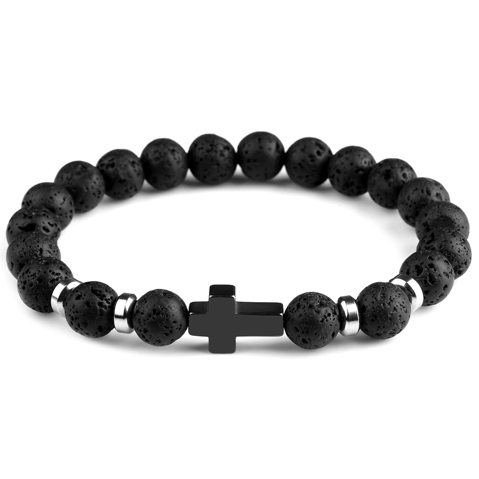 Thumbnail: Natural Stone Stainless Steel Cross Bracelets Elastic Lava Bead Bracelet