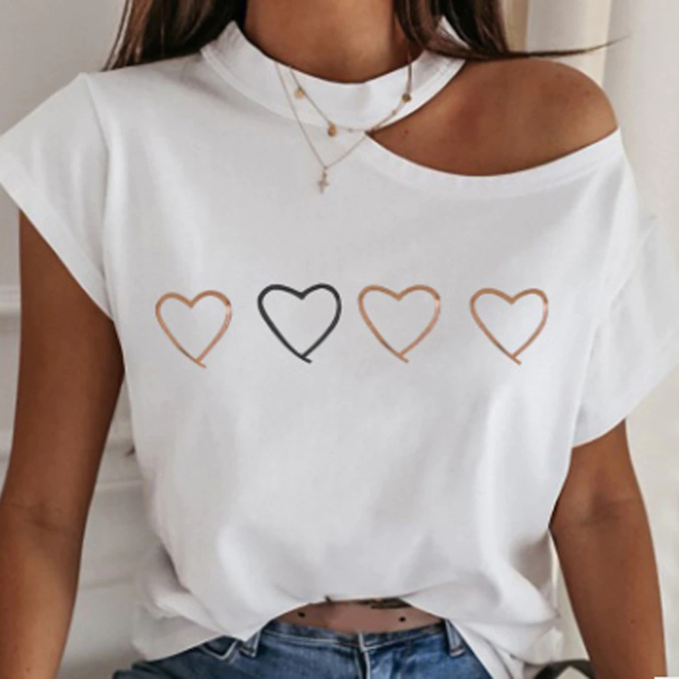Thumbnail: Women T-shirt Short Sleeve Solid Halter Tops Female Cotton Tees