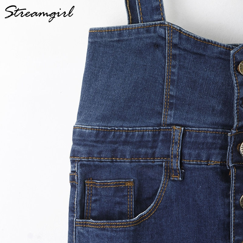 Thumbnail:  Long Overall Denim Skirt with Straps Jeans Skirts Long High Waist Pencil Skirt