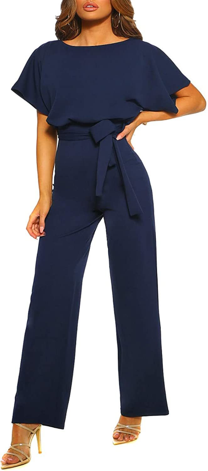 Thumbnail: Casual Loose Short Sleeve Belted Wide Leg Pant Romper Jumpsuits