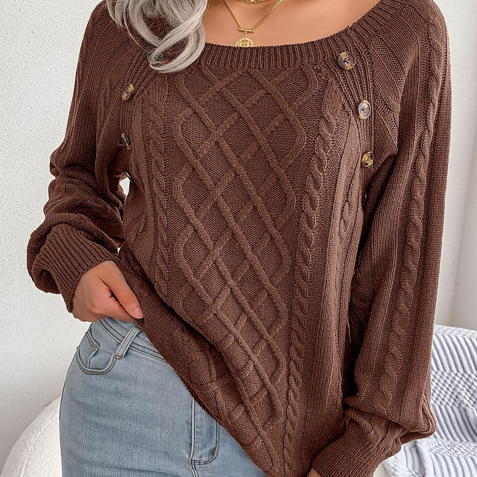 Thumbnail: Round Neck Texture Lantern Sleeve Women's Sweater - Button Sweater
