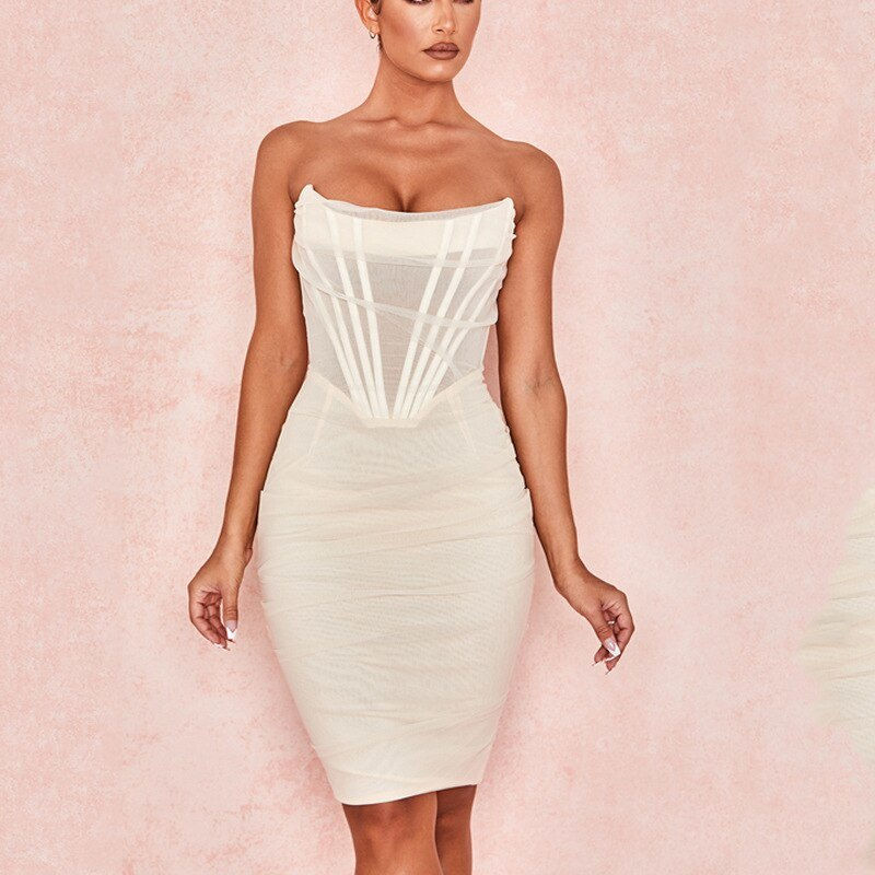 Thumbnail: Pink Strapless Sexy Mesh Dress Off Shoulder Lining