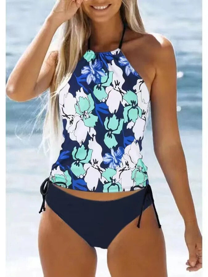 Thumbnail: Women's Bathing Suit Drawstring Side Halter Neck Tankini Set