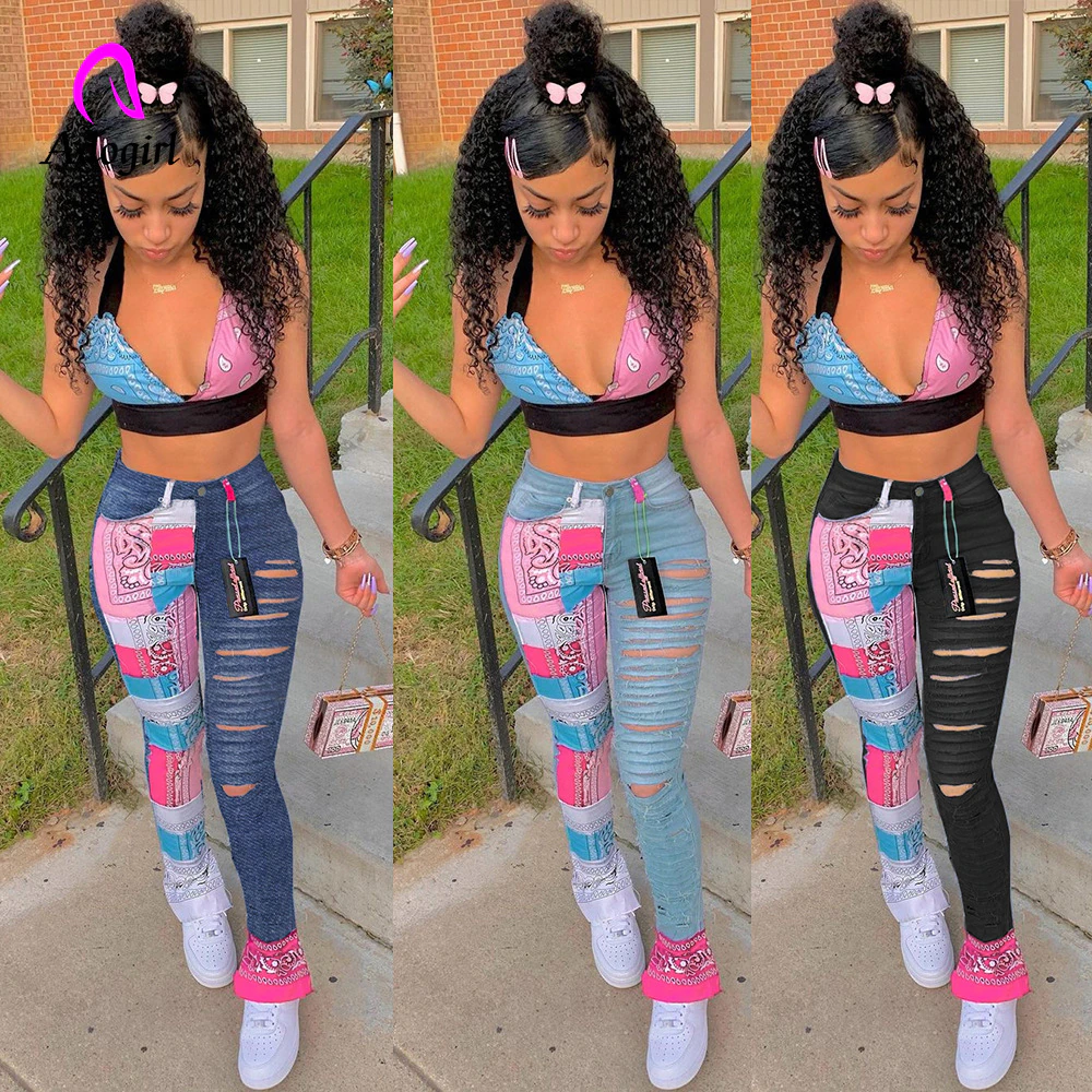 Bandana Print Women Skinny Denim Pants Flare Slim Bottoms Outfit