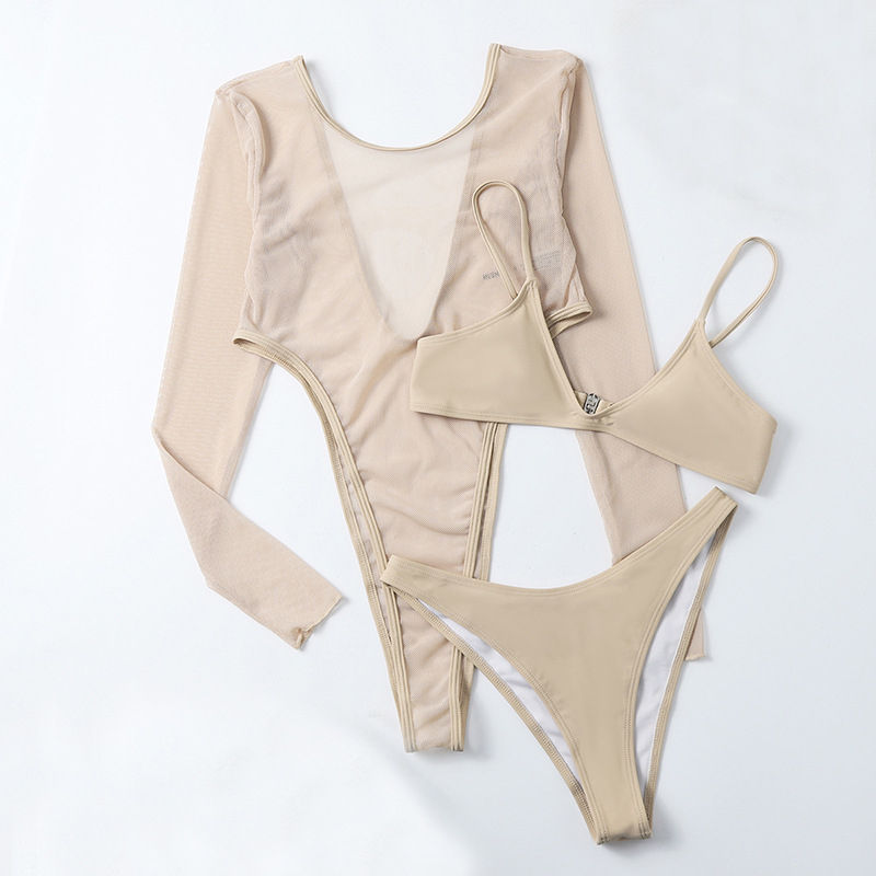 Thumbnail: 3 Piece Swimsuit set Mesh Cover Up High Leg Cut Thong Sexy Swimwear