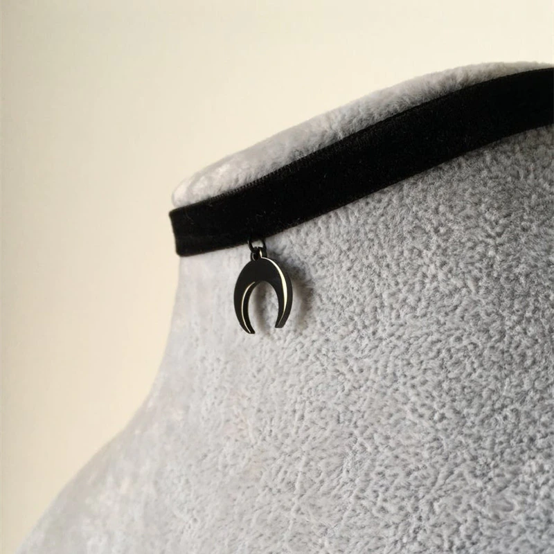 Thumbnail: Black Crescent Moon Choker Necklace Black Velvet Jewelry