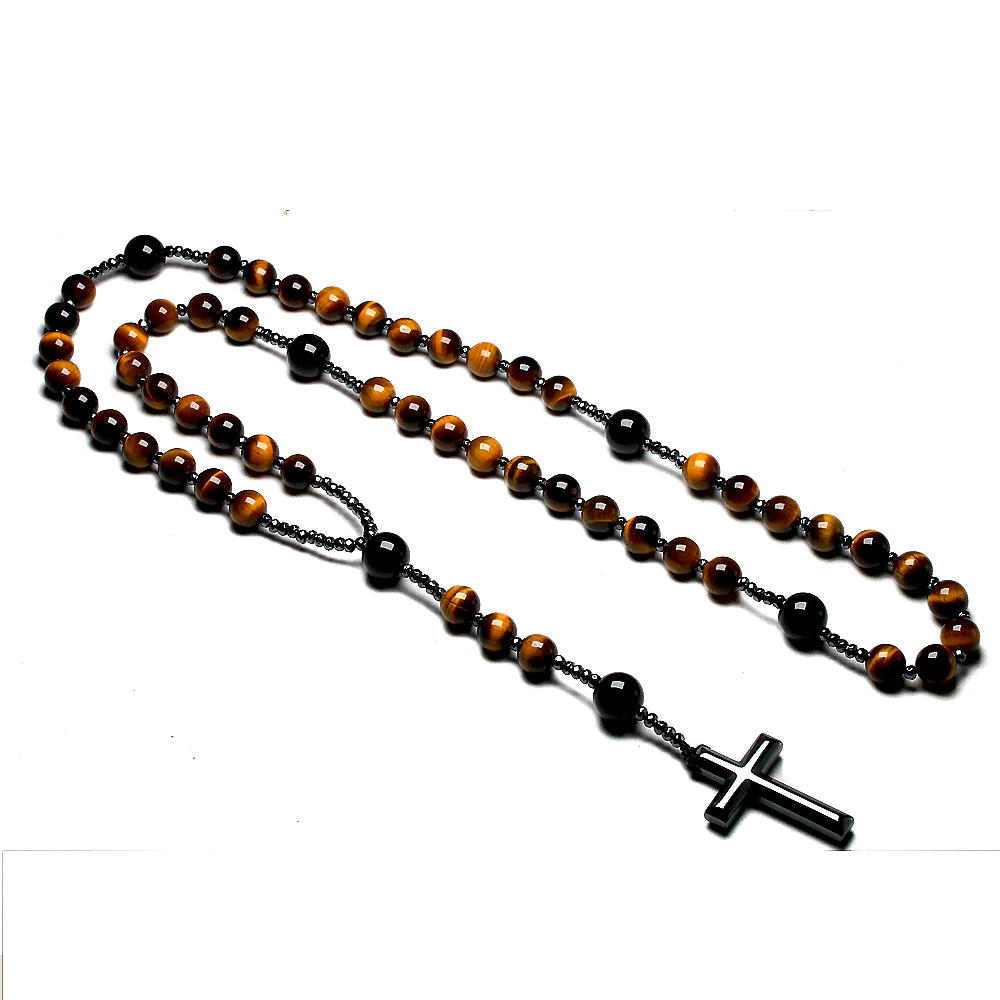Natural Tiger Eye Stone Catholic Christ Rosary Necklaces For Women Men