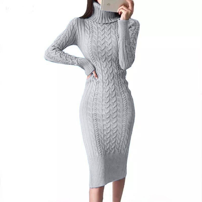 Thumbnail: Winter Thicken Turtleneck Sweater Maxi Dresses Women Bodycon Knitted Solid Color