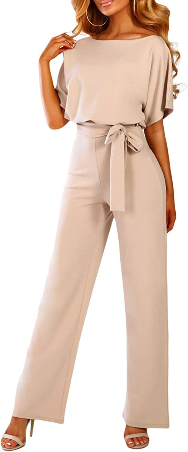 Thumbnail: Casual Loose Short Sleeve Belted Wide Leg Pant Romper Jumpsuits