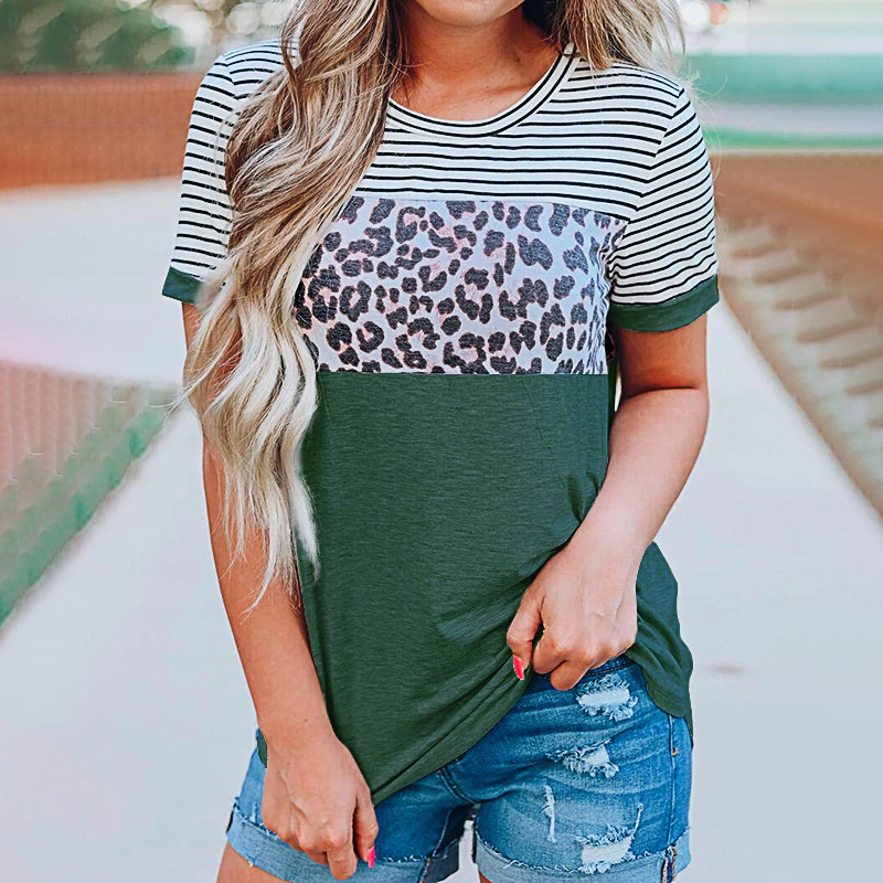 Thumbnail:  Short Sleeve Leopard Stripe Stitching Summer T Shirt Casual Loose Tops