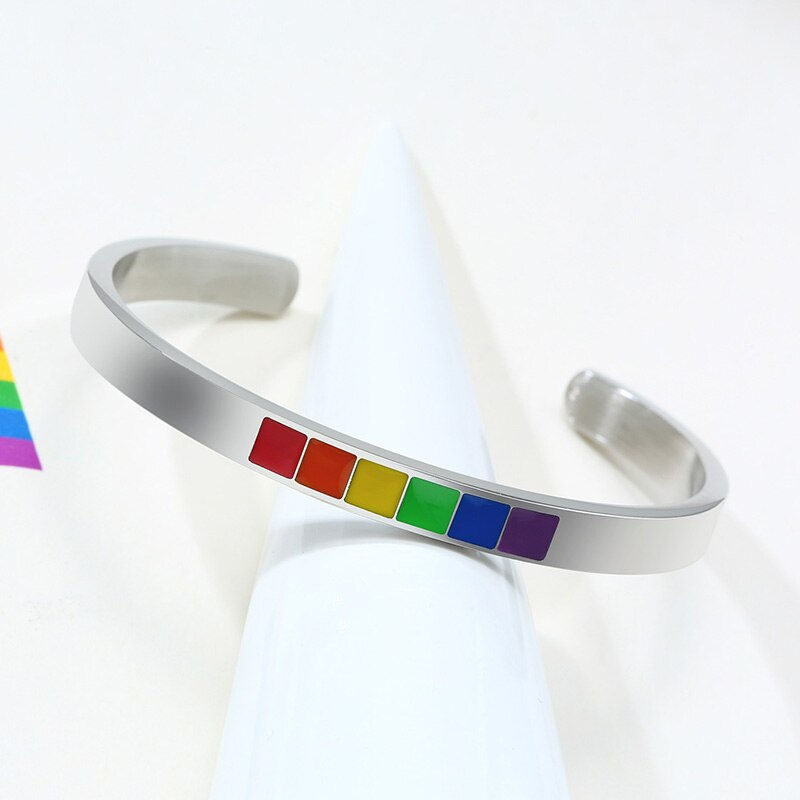 Thumbnail: Stainless Steel Cuff Rainbow Bracelet for Women Men LGBT 60mm 65mm Diameter