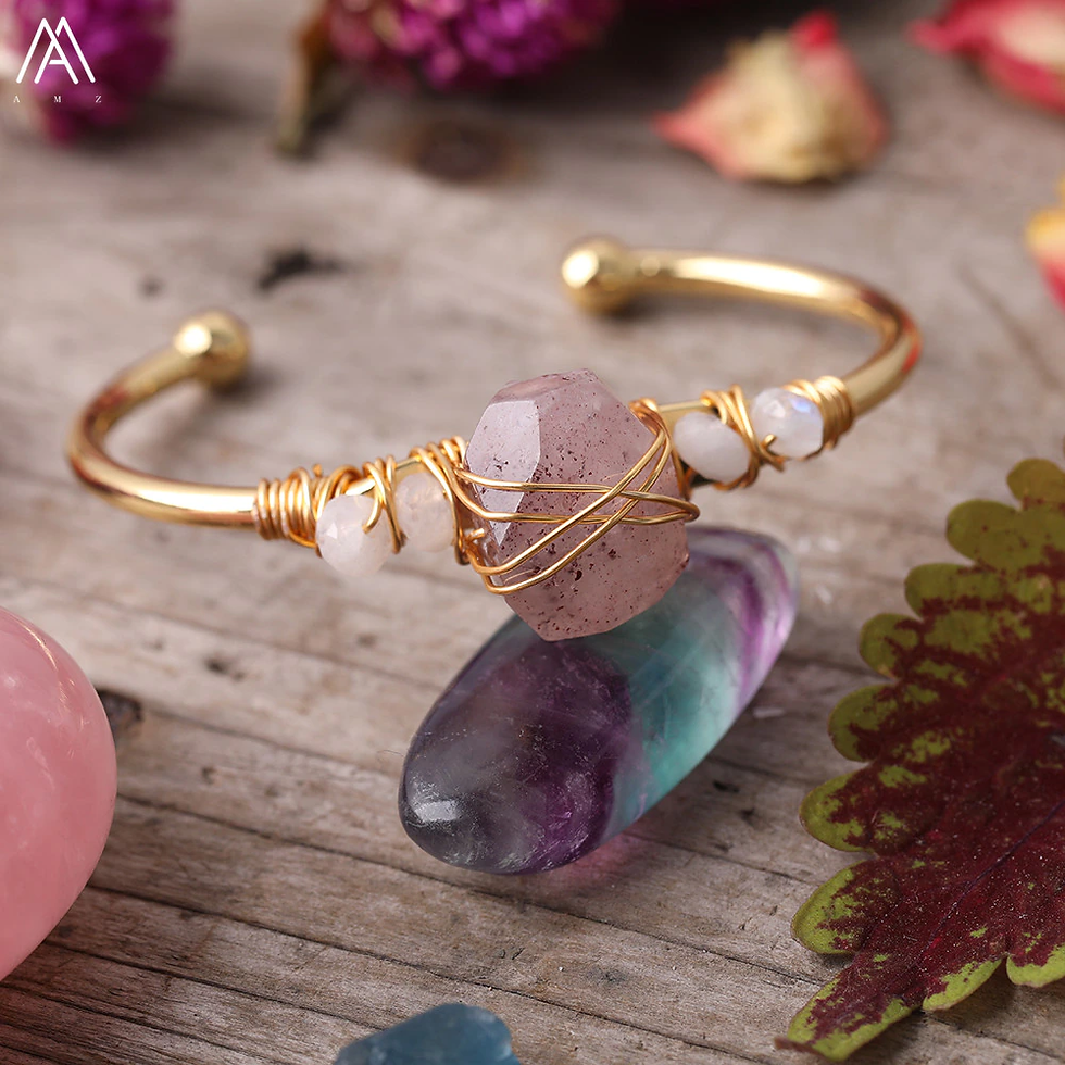 Thumbnail: Natural Stones Open Cuff Bangles Quartz Beads Wire Wrap Gold Copper Bracelet