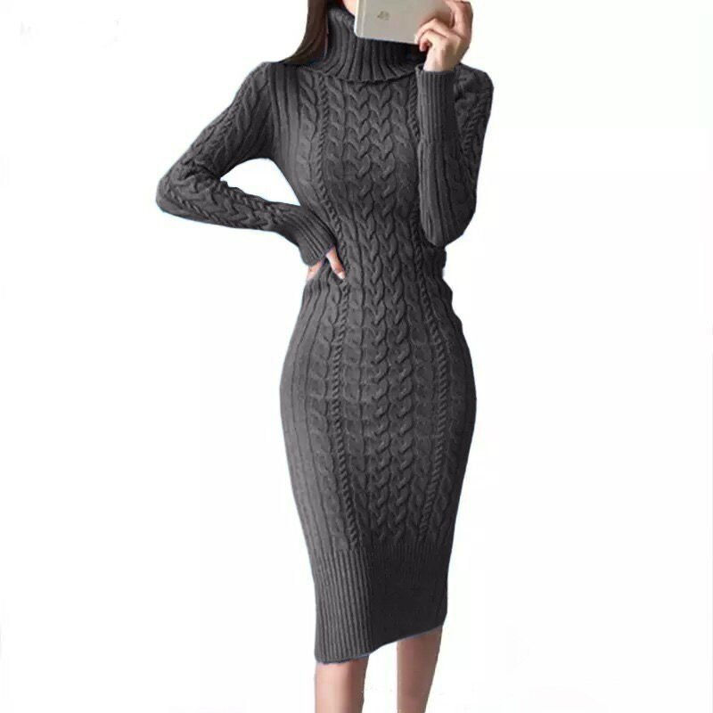 Thumbnail: Winter Thicken Turtleneck Sweater Maxi Dresses Women Bodycon Knitted Solid Color
