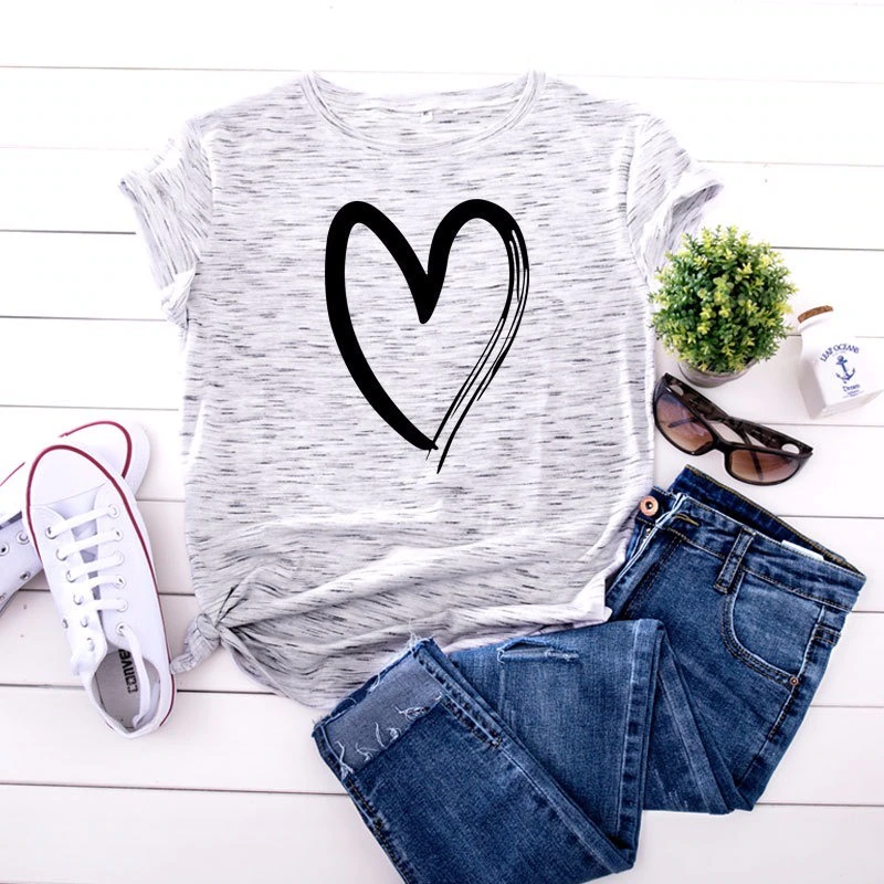 Thumbnail: Summer Women Heart Print T Shirt S-5XL Short Sleeve Tops Casual Simple O-Neck 