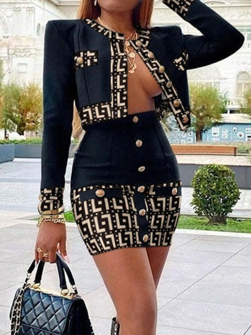 Thumbnail: 2022 Autumn Two Piece Sets Womens Geometric Print Long Sleeve Buttoned