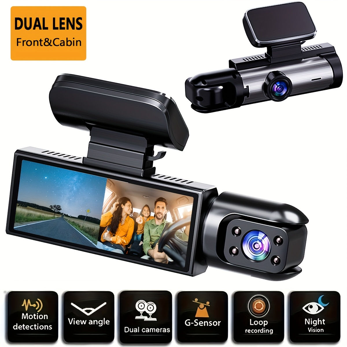 Dual Front and Inside Car Dash Camera with, G-Sensor, Loop Recording, Night Visi