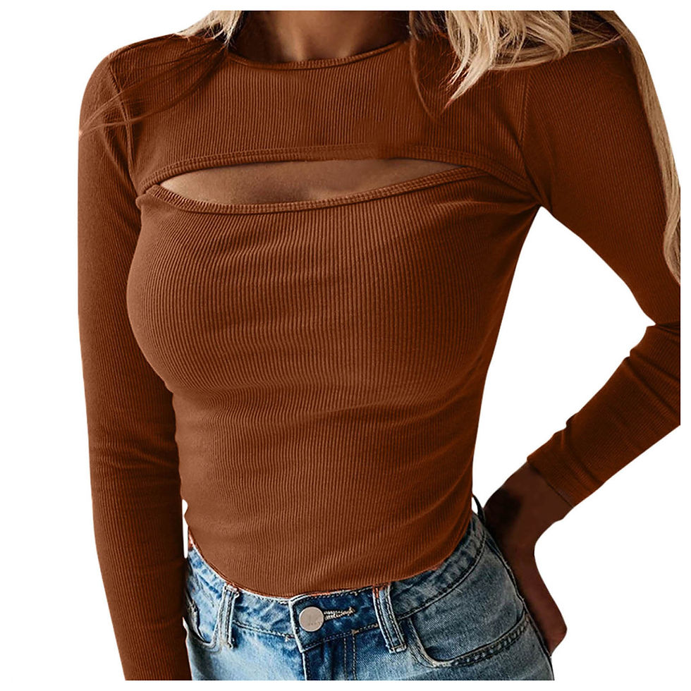Thumbnail:  Sexy Women Blouses Chest Cutout Long-sleeved Ribbed Solid Color Tops