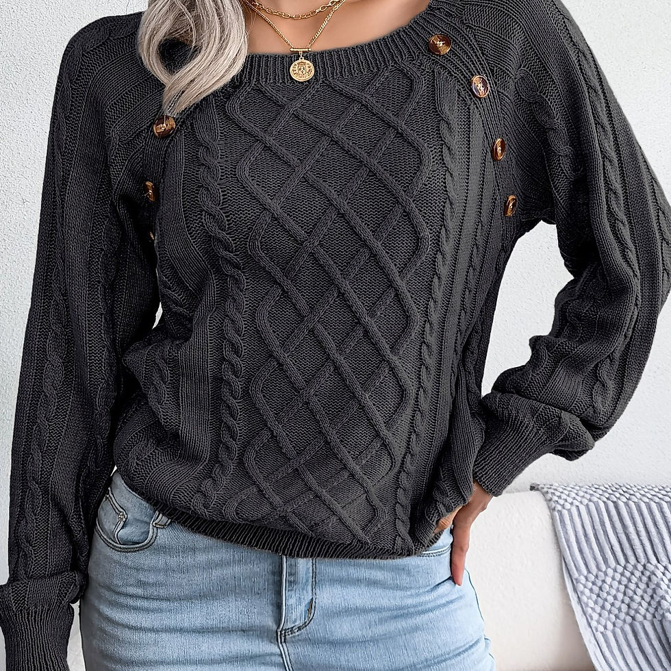 Thumbnail: Round Neck Texture Lantern Sleeve Women's Sweater - Button Sweater