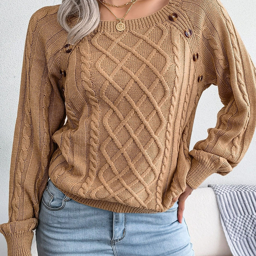 Thumbnail: Round Neck Texture Lantern Sleeve Women's Sweater - Button Sweater