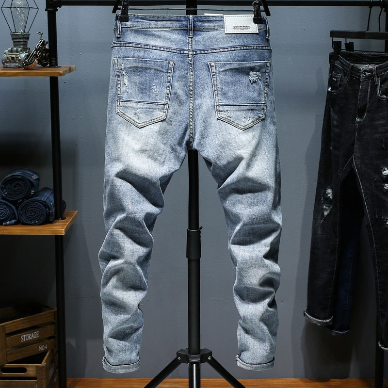 Thumbnail: Ripped Jeans Skinny Slim Fit Light Blue Frayed Streetwear Denim Pants Patchwork