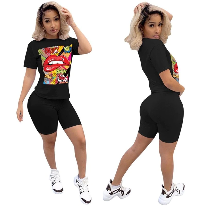 Thumbnail: Sport Tracksuit Two Piece Set Summer Printed Short Sleeve Crop Top Pants Suit