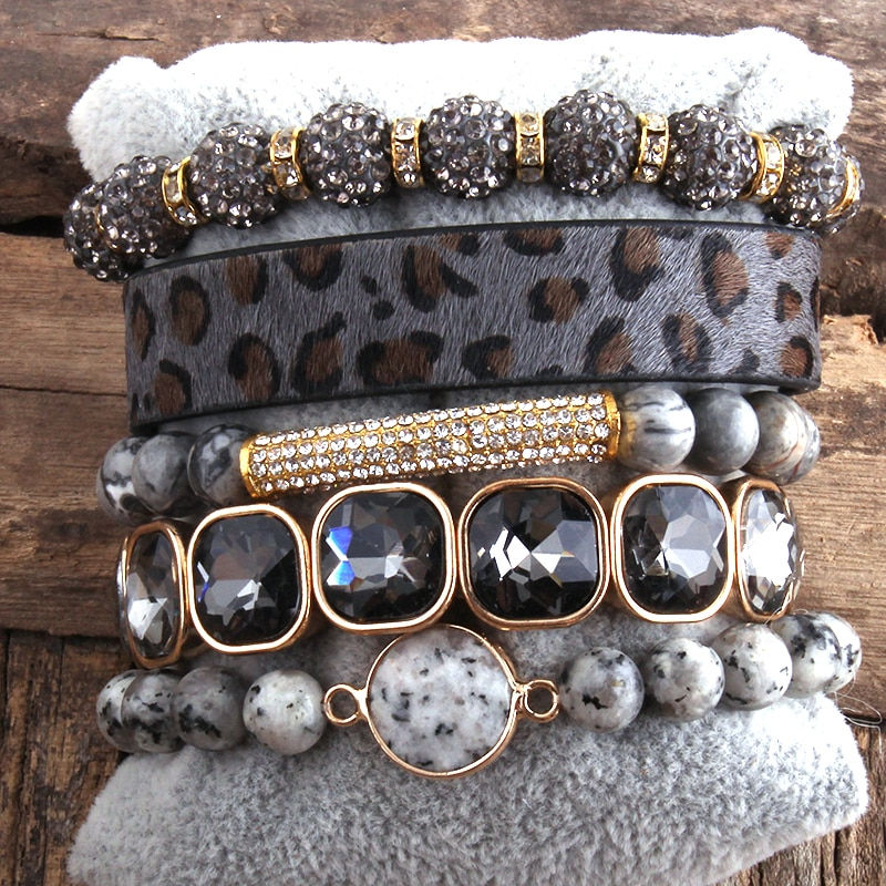 Thumbnail: Fashion leopard Leather Bracelet 5pc set Handmade Bracelets for Women