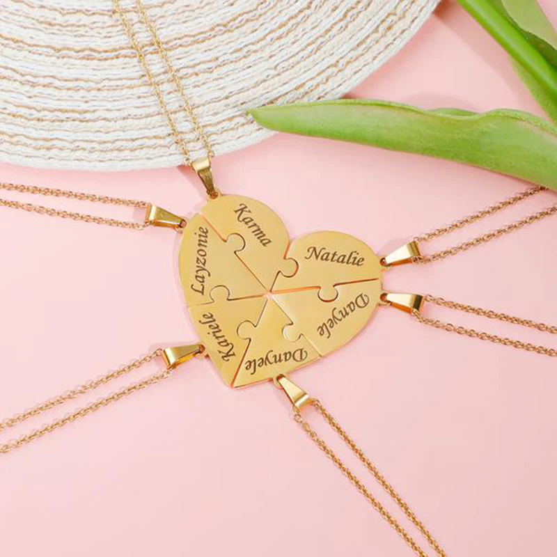 Thumbnail: Polished Heart Shape Puzzle Pendant Necklace Custom Family Friends Names Gifts