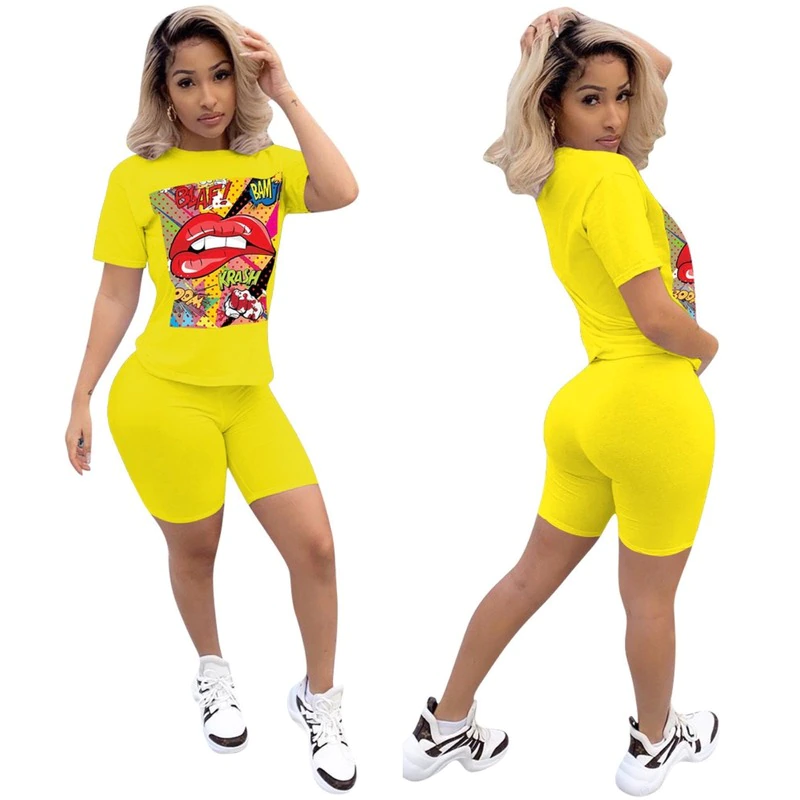Thumbnail: Sport Tracksuit Two Piece Set Summer Printed Short Sleeve Crop Top Pants Suit