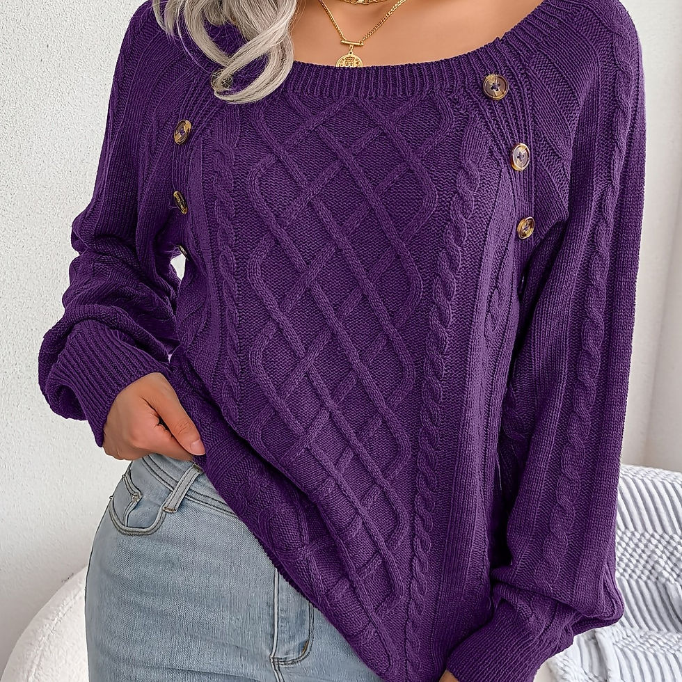 Thumbnail: Round Neck Texture Lantern Sleeve Women's Sweater - Button Sweater