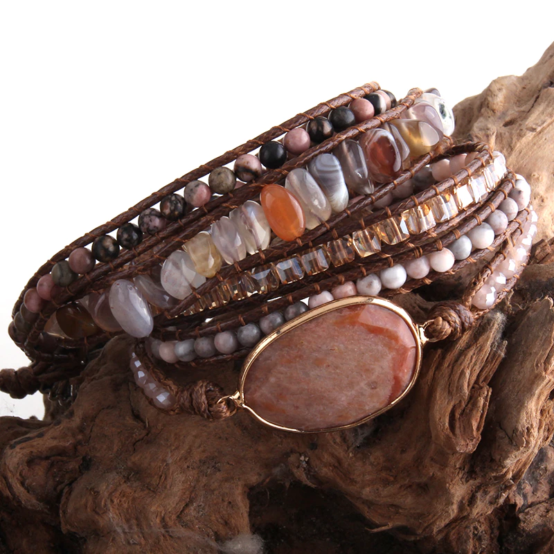 Thumbnail: Fashion Bohemian Jewelry Mixed Natural Stones Charm 5 Strands Wrap Bracelets