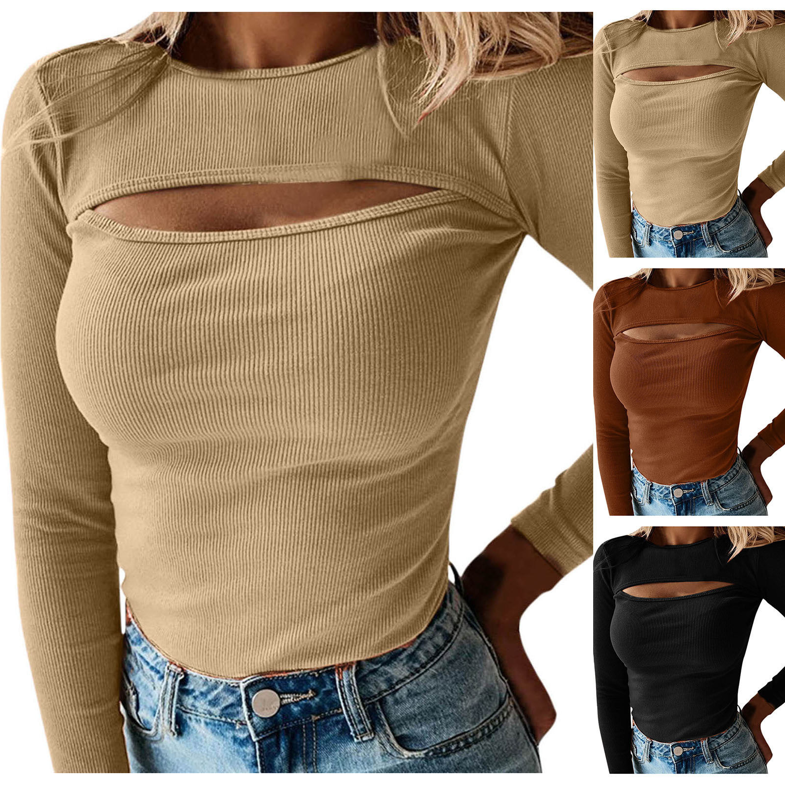 Sexy Women Blouses Chest Cutout Long-sleeved Ribbed Solid Color Tops