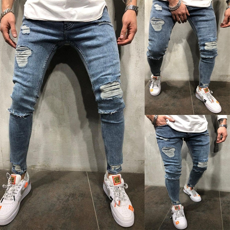 Thumbnail: Fashion Men Skinny Jeans Stretchy Denim Long Camouflage Pants Frayed Rip style