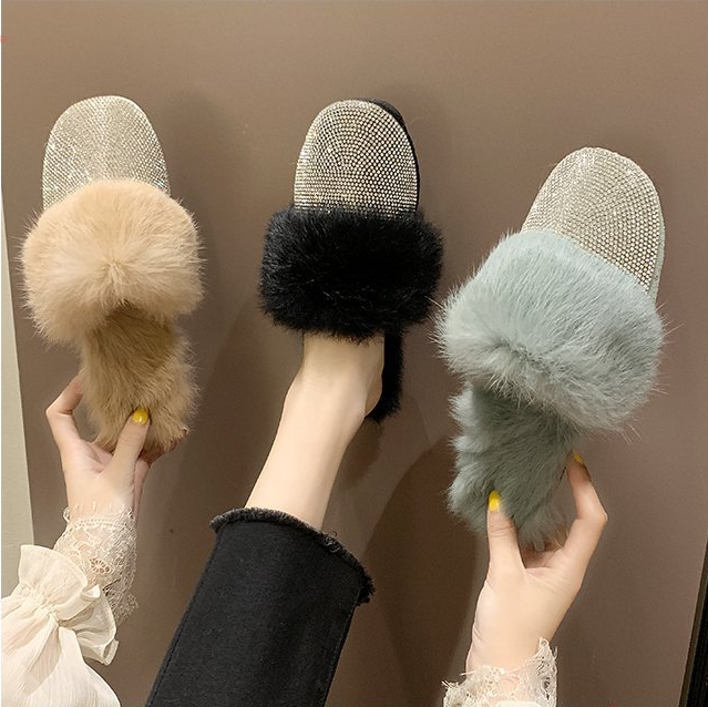 Thumbnail: Fluffy Slippers for Ladies Fur Slides Bling Rhinestone Sandals