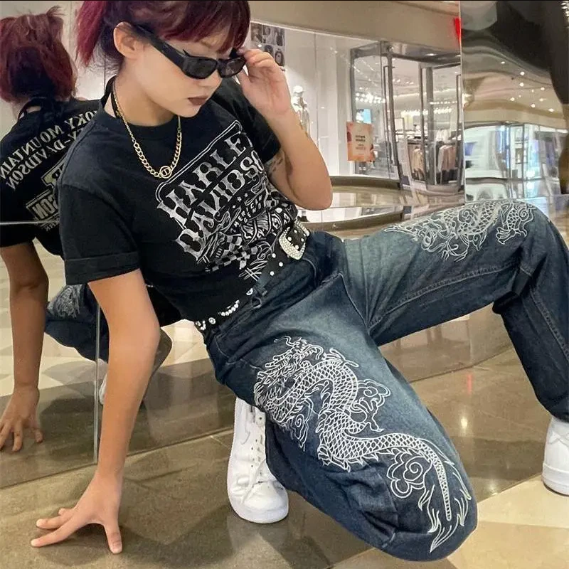 Thumbnail: Baggy Jeans Woman Low Waist Hippie Denim Trousers Snake Print streetwear Korean 