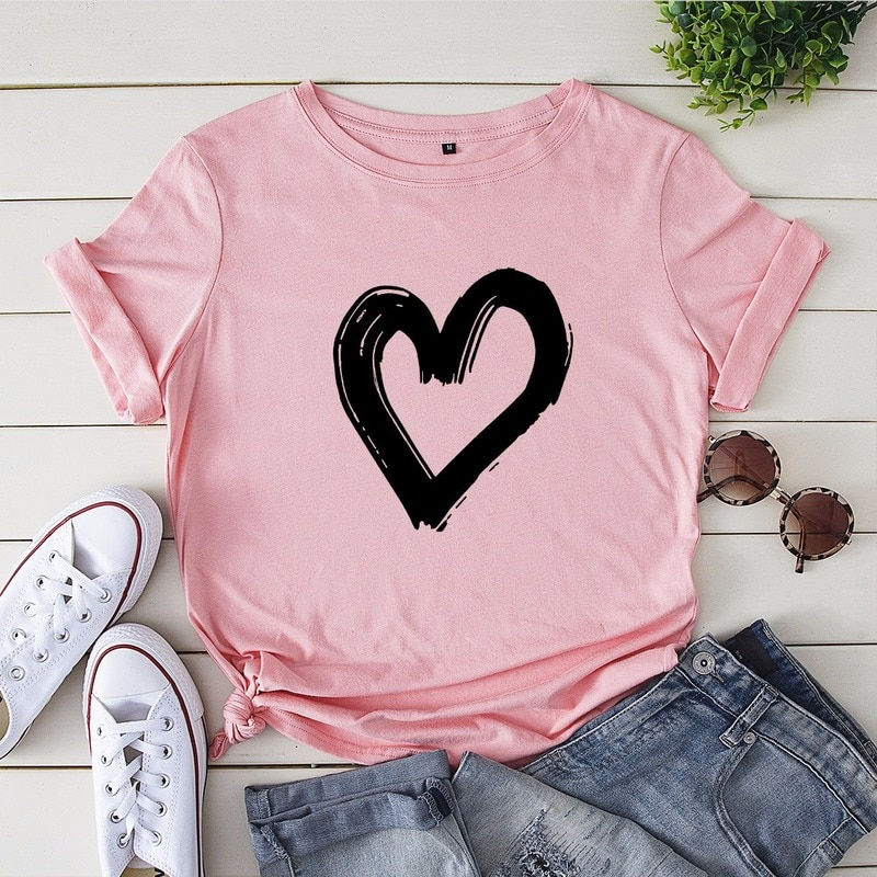 Thumbnail: Summer Women Heart Print T Shirt S-5XL Short Sleeve Tops Casual Simple O-Neck 