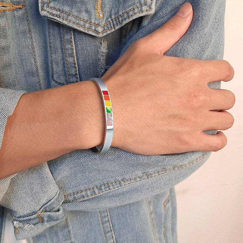 Thumbnail: Stainless Steel Cuff Rainbow Bracelet for Women Men LGBT 60mm 65mm Diameter
