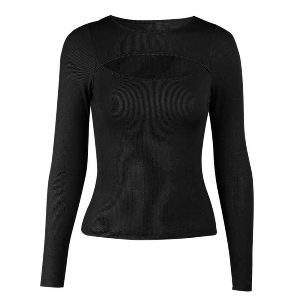Thumbnail:  Sexy Women Blouses Chest Cutout Long-sleeved Ribbed Solid Color Tops