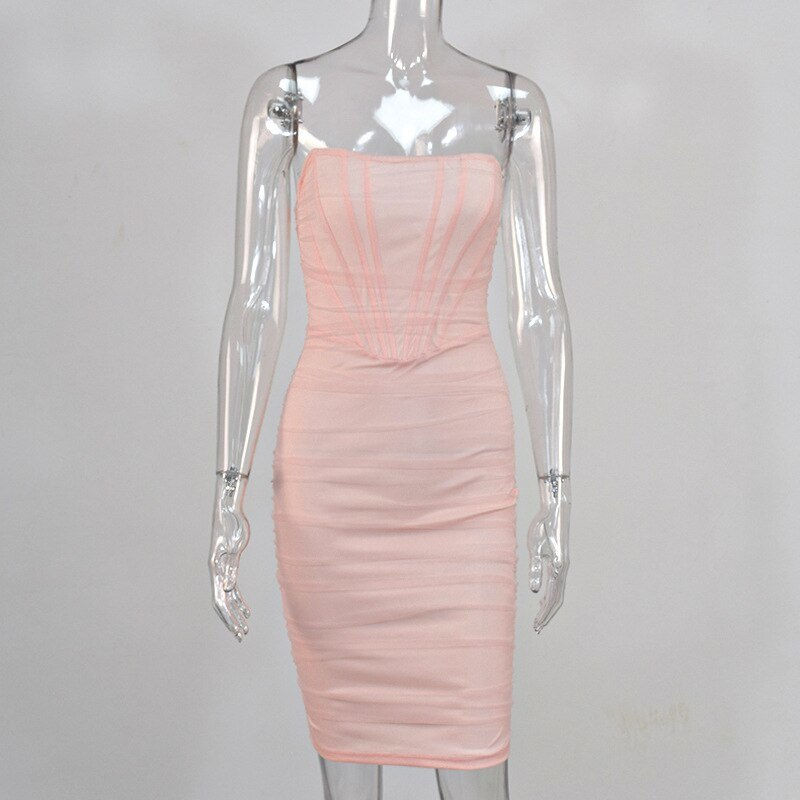 Thumbnail: Pink Strapless Sexy Mesh Dress Off Shoulder Lining