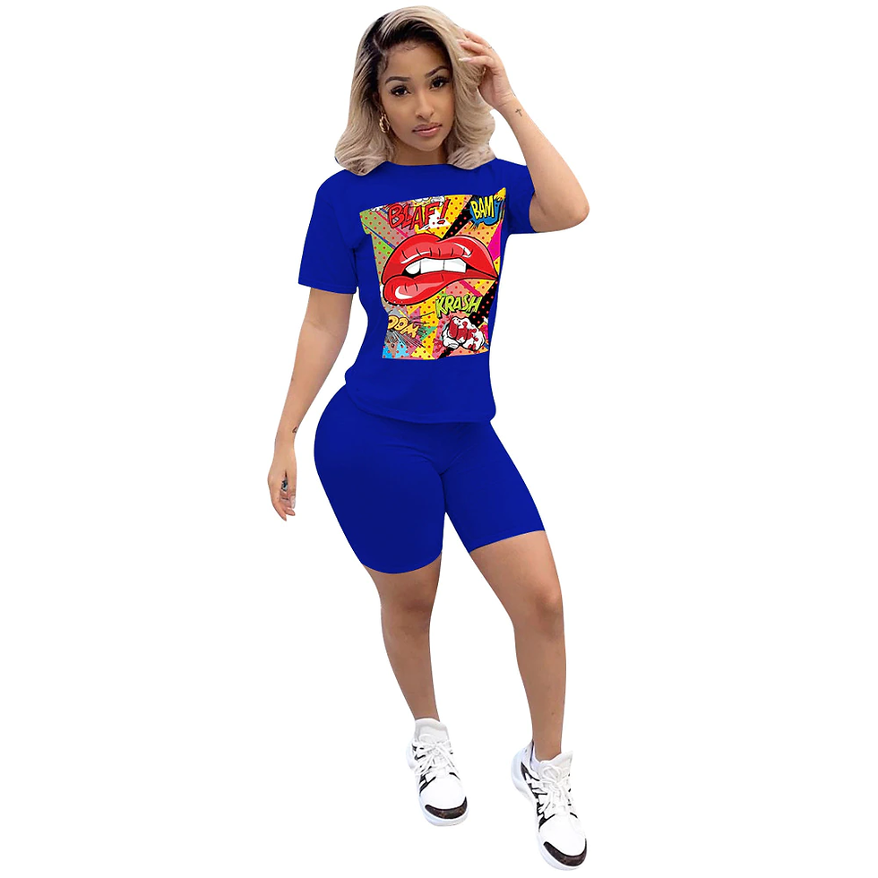 Thumbnail: Sport Tracksuit Two Piece Set Summer Printed Short Sleeve Crop Top Pants Suit