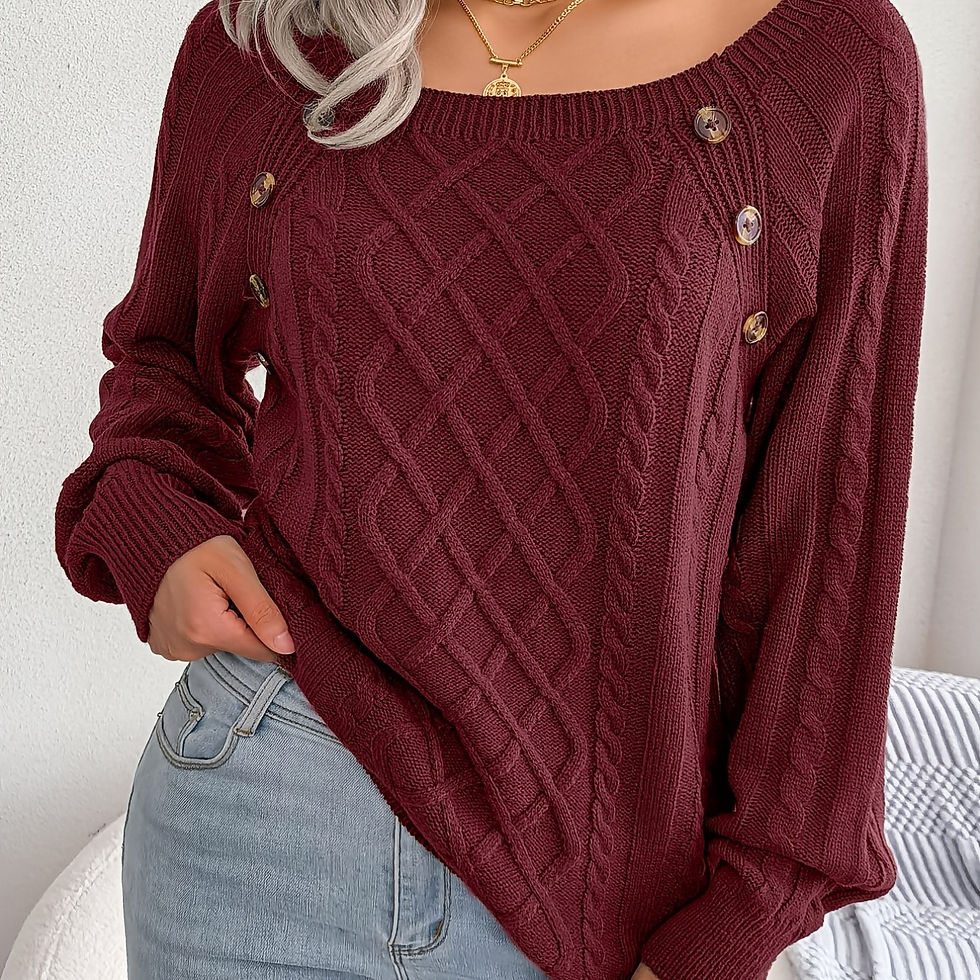 Thumbnail: Round Neck Texture Lantern Sleeve Women's Sweater - Button Sweater