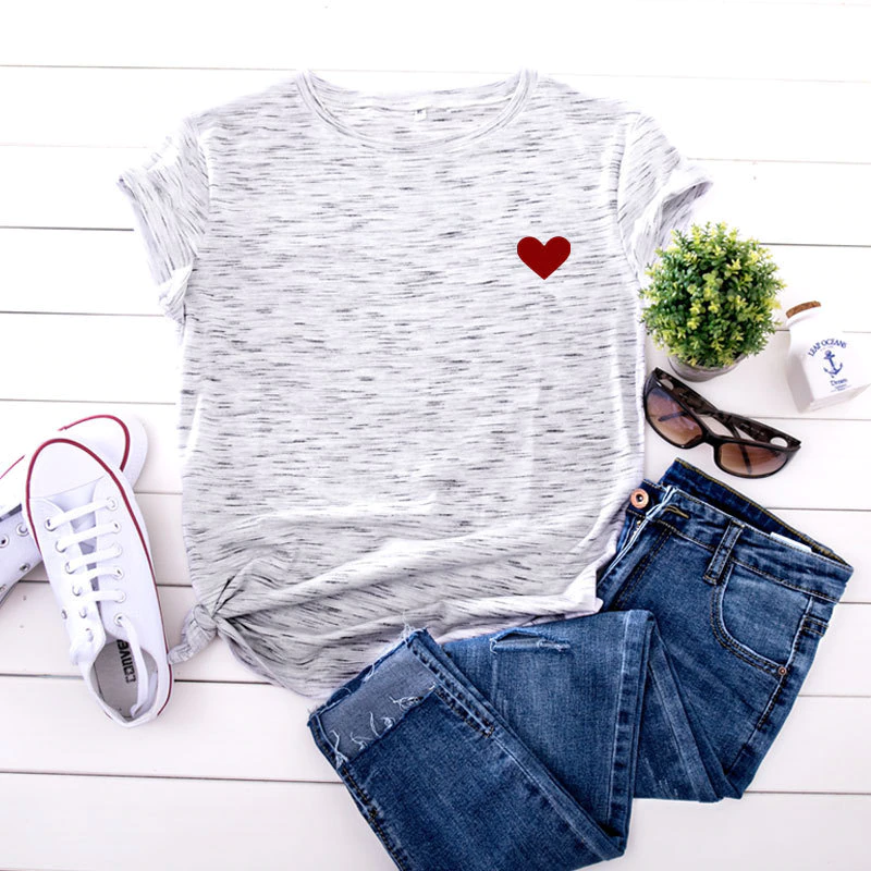 Thumbnail: Summer Women Heart Print T Shirt S-5XL Short Sleeve Tops Casual Simple O-Neck 