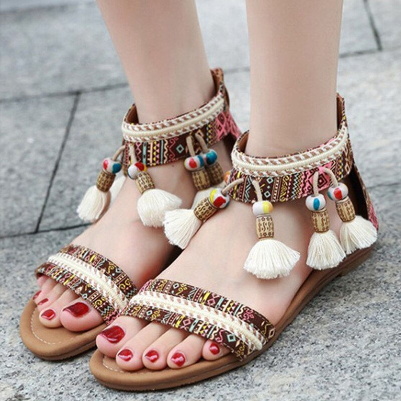 Thumbnail: Women Bohemian Boho Sandals Ethnic Fringe Tassel String Bead Sandals Plus Size