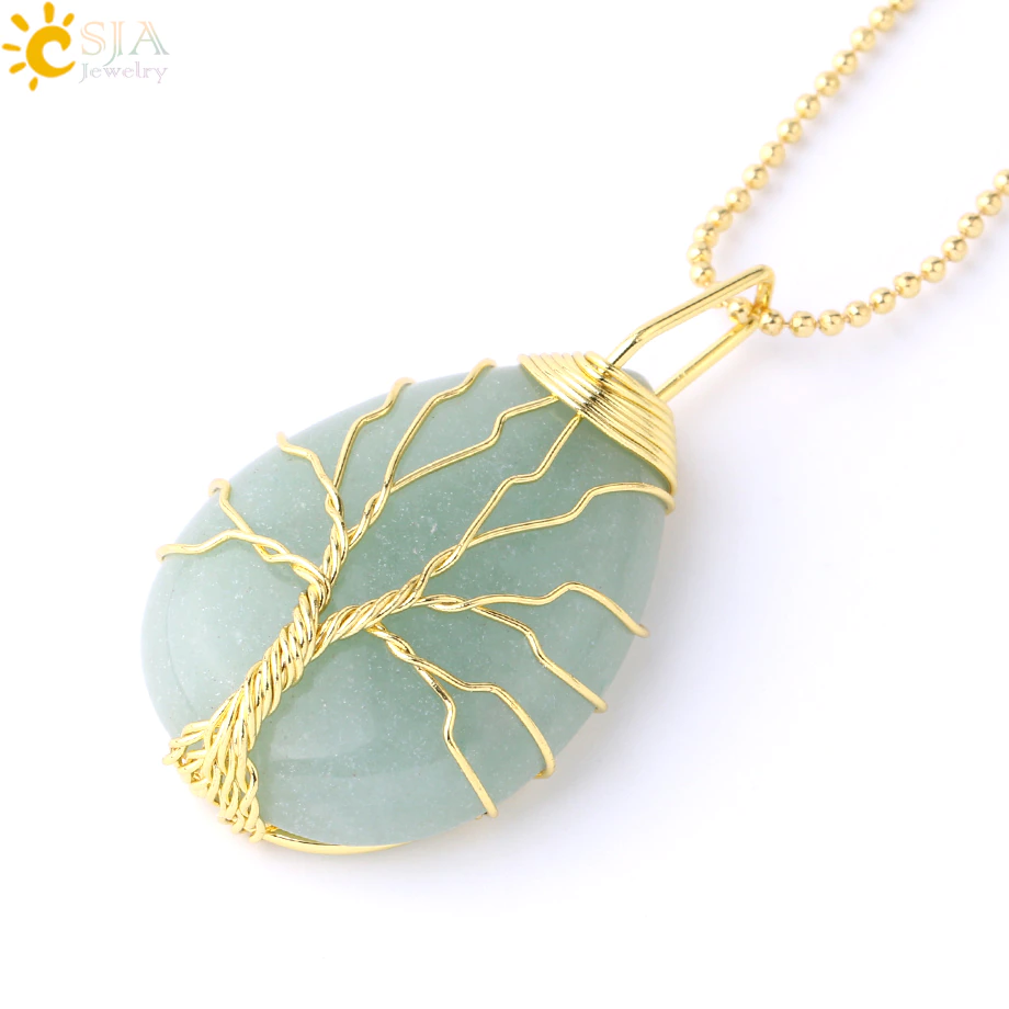 Thumbnail:  Tree of Life Natural Stone Pendant Wire Wrap Green Aventurine Tiger Eye
