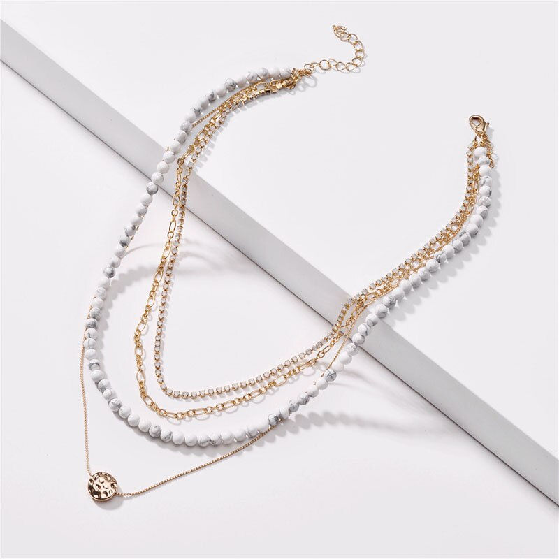 Thumbnail: 4 Layers Natural Stone Beaded Strand Necklace-Stacked Layering Metal Chain Links
