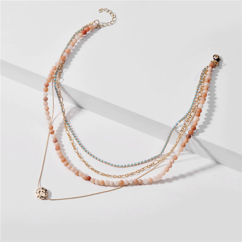 Thumbnail: 4 Layers Natural Stone Beaded Strand Necklace-Stacked Layering Metal Chain Links