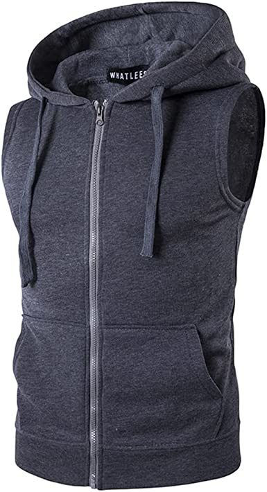 Thumbnail: Men's Hooded Zip Sleeveless Sweater Vest Slim Fit Solid Hooded Vest Jacket